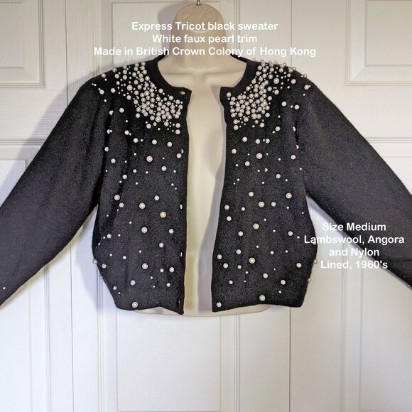 Express Tricot black sweater, White faux pearl trim Made British Crown Hong Kong - Picture 6 of 17